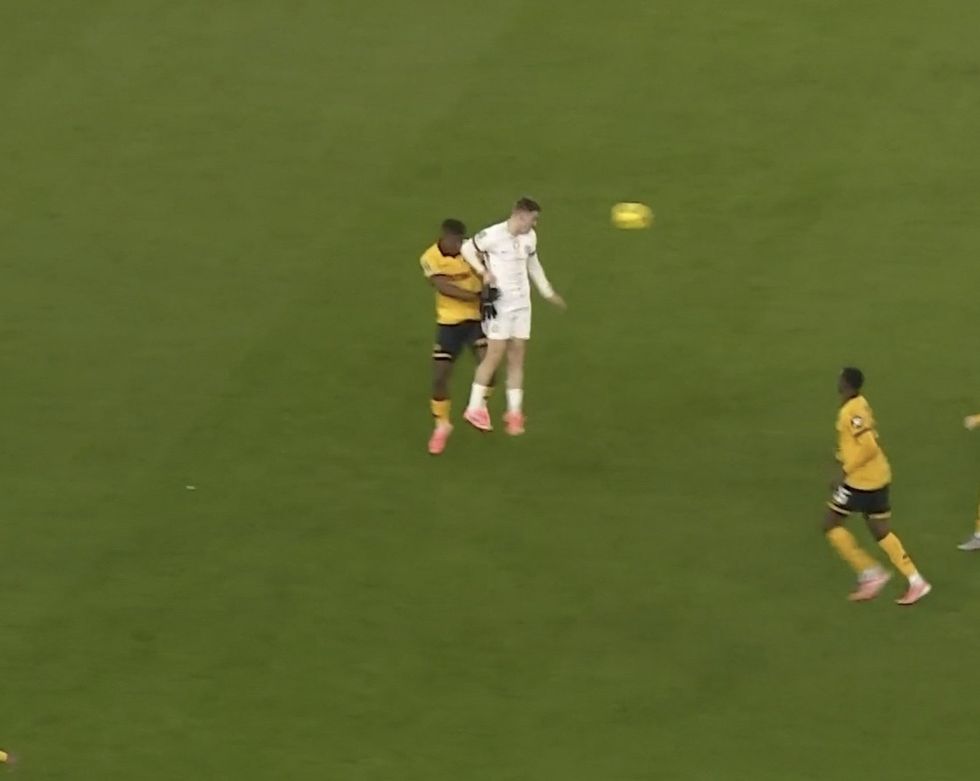 Liam Delap was sent off after swinging an elbow while jumping with Emmanuel Agbadou