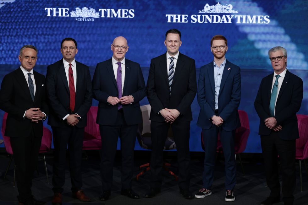 Liberal Democrat Alex Cole-Hamilton, Labour's Anas Sarwar, SNP's John Swinney, Reform UK's Lord Offord, Scottish Conservative's Russell Findlay, Scottish Green's Ross Greer, and Reform UK's Lord Offord