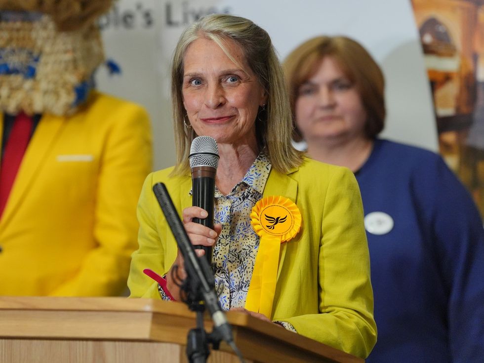 Liberal Democrat candidate Wera Hobhouse gives a speech after winning in the Bath constituency in the 2024 General Election, at the Sports Training Village, University of Bath