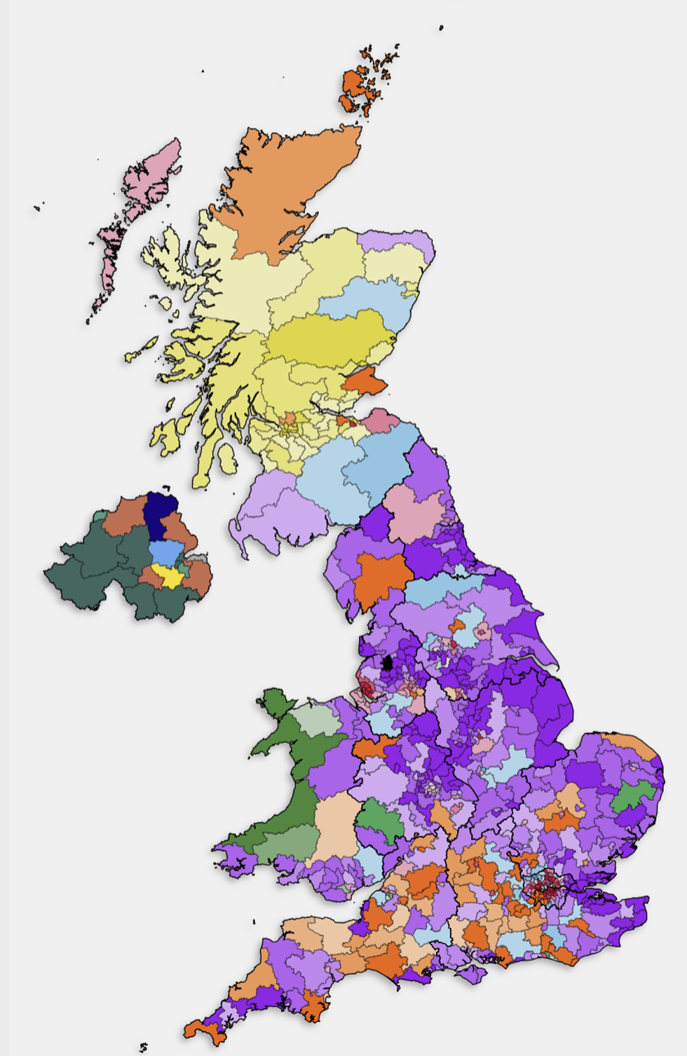 Lighter purple reflects marginal leads for Reform UK