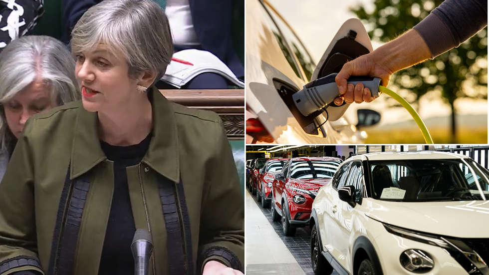 Lilian Greenwood and electric car charger next to vehicle production factory
