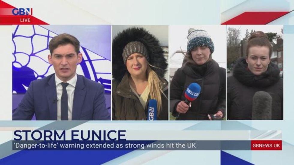 GB News' Lily Hewitson blown off her feet in Storm Eunice chaos
