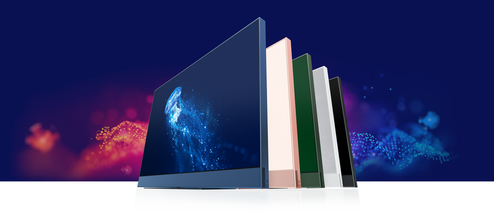 line-up of Sky Glass smart TVs in different colours with a bright background