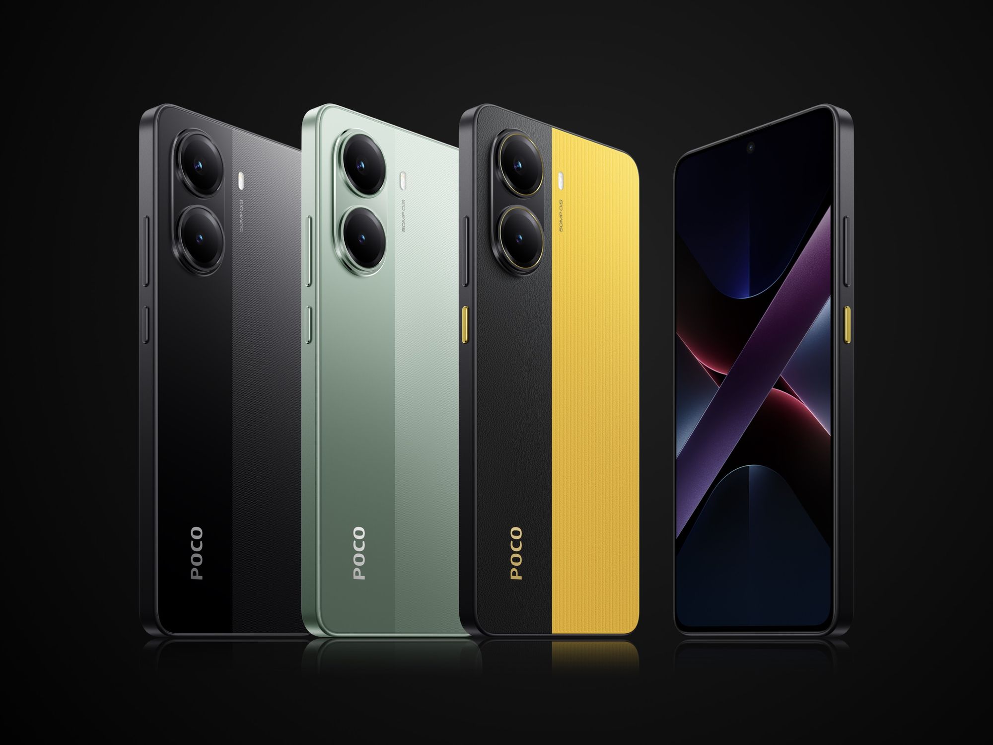 lineup of xiaomi poco x7 phones in Silver, Green, and Black