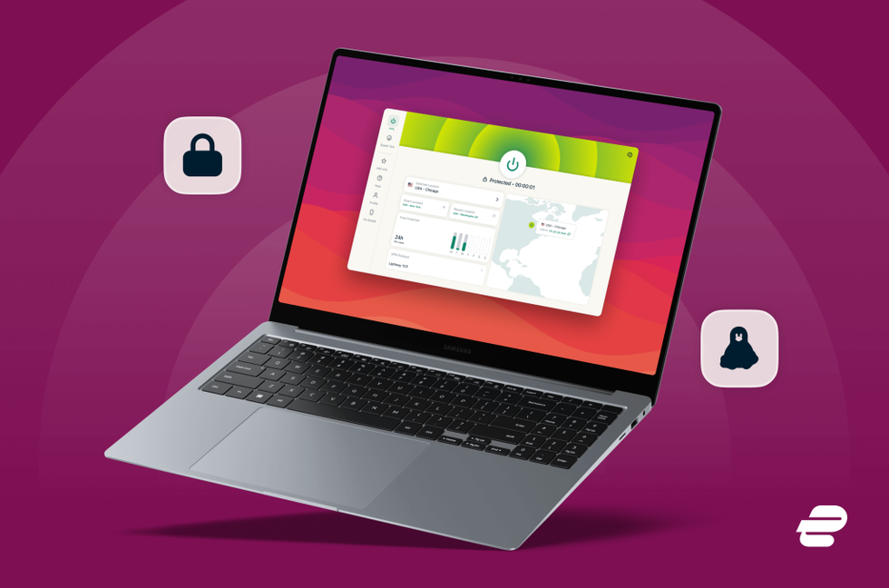 linux desktop app shown on laptop with a purple background