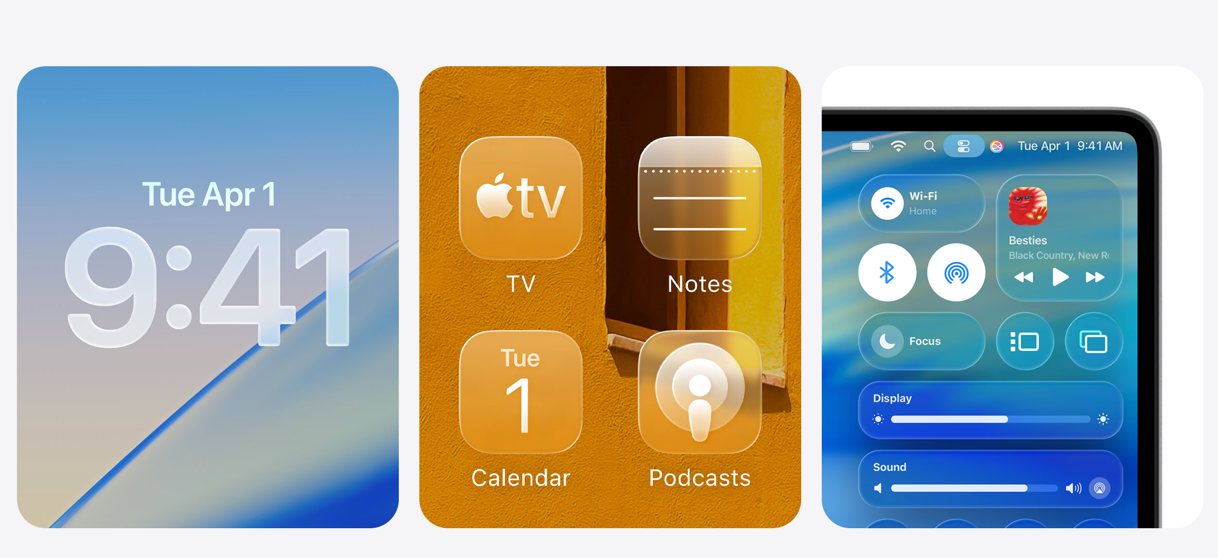 Liquid Glass interface from MacOS 26 update displayed from different parts of the MacBook home screen