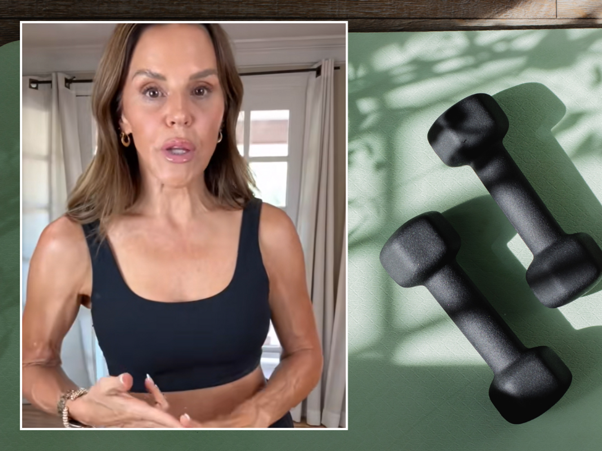 Lisa talking to followers; dumbbells on a yoga mat