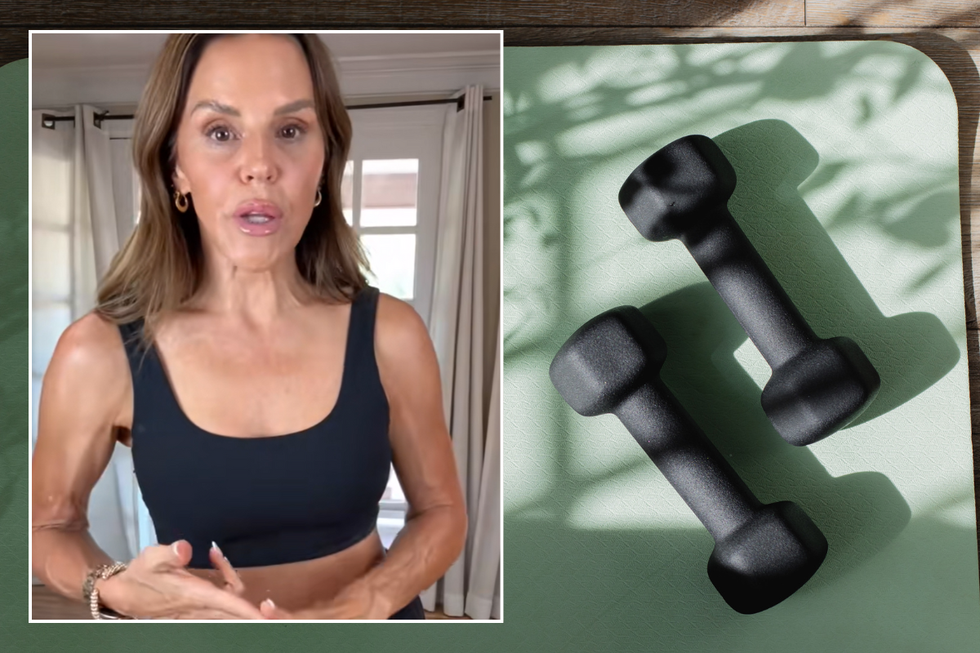 Lisa talking to followers; dumbbells on a yoga mat