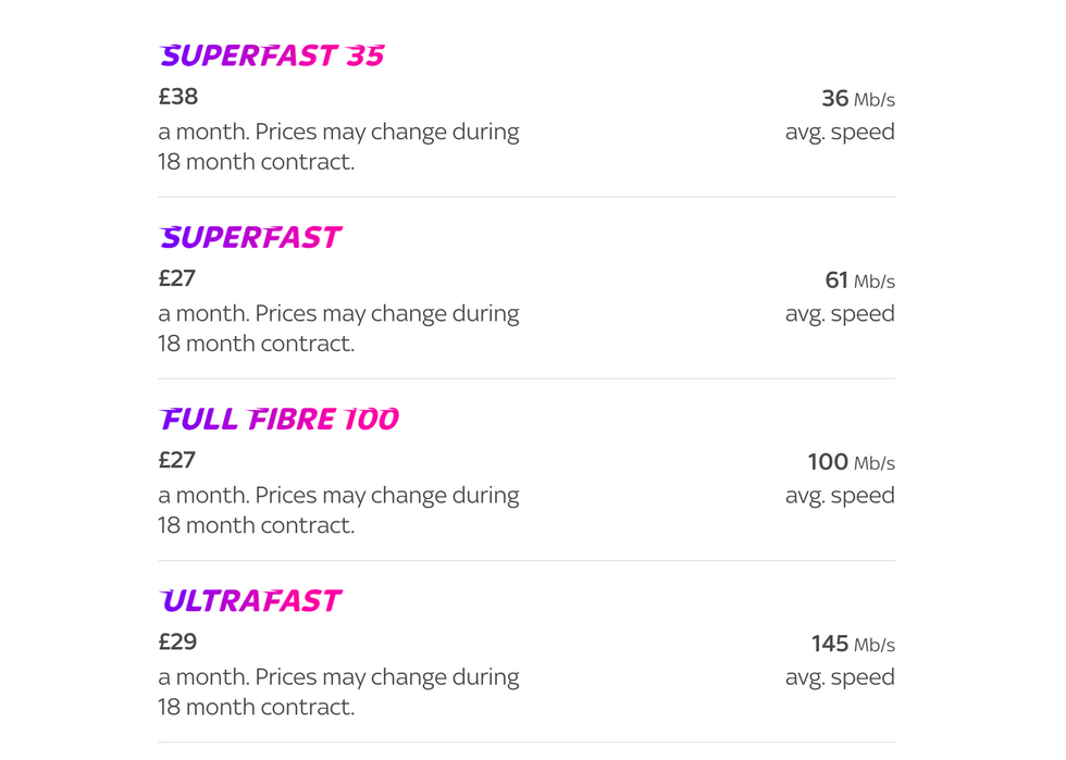 list of prices from sky broadband with superfast and full fibre 100 download speeds at the same price