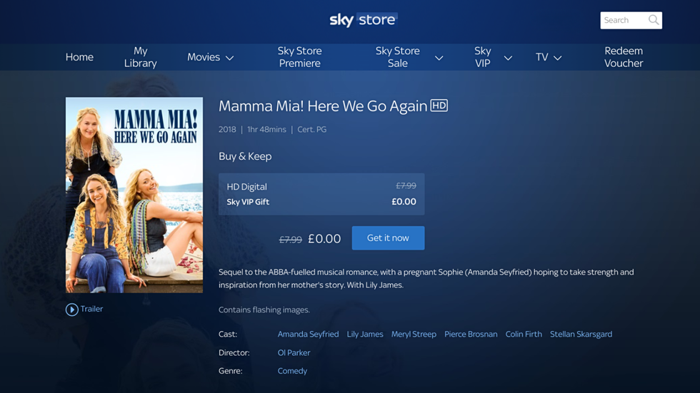 listing for mamma mia here we go again in the sky store showing it costs \u00a30