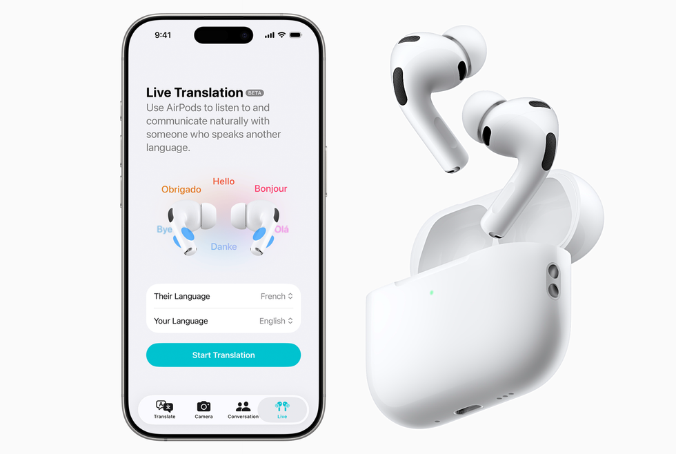 Live Translation feature shown on an iPhone, with the AirPod Pro 3 shown on the right