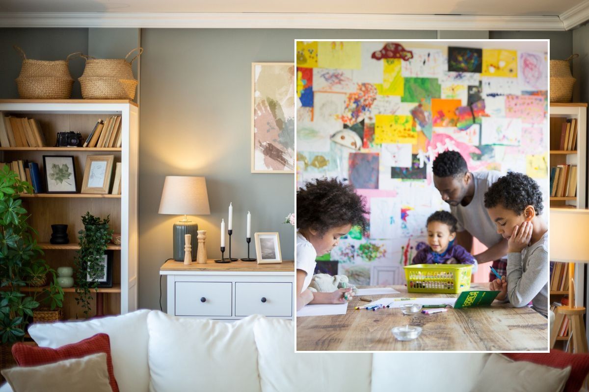 'Lived-in' living room / Dad with children doing artwork