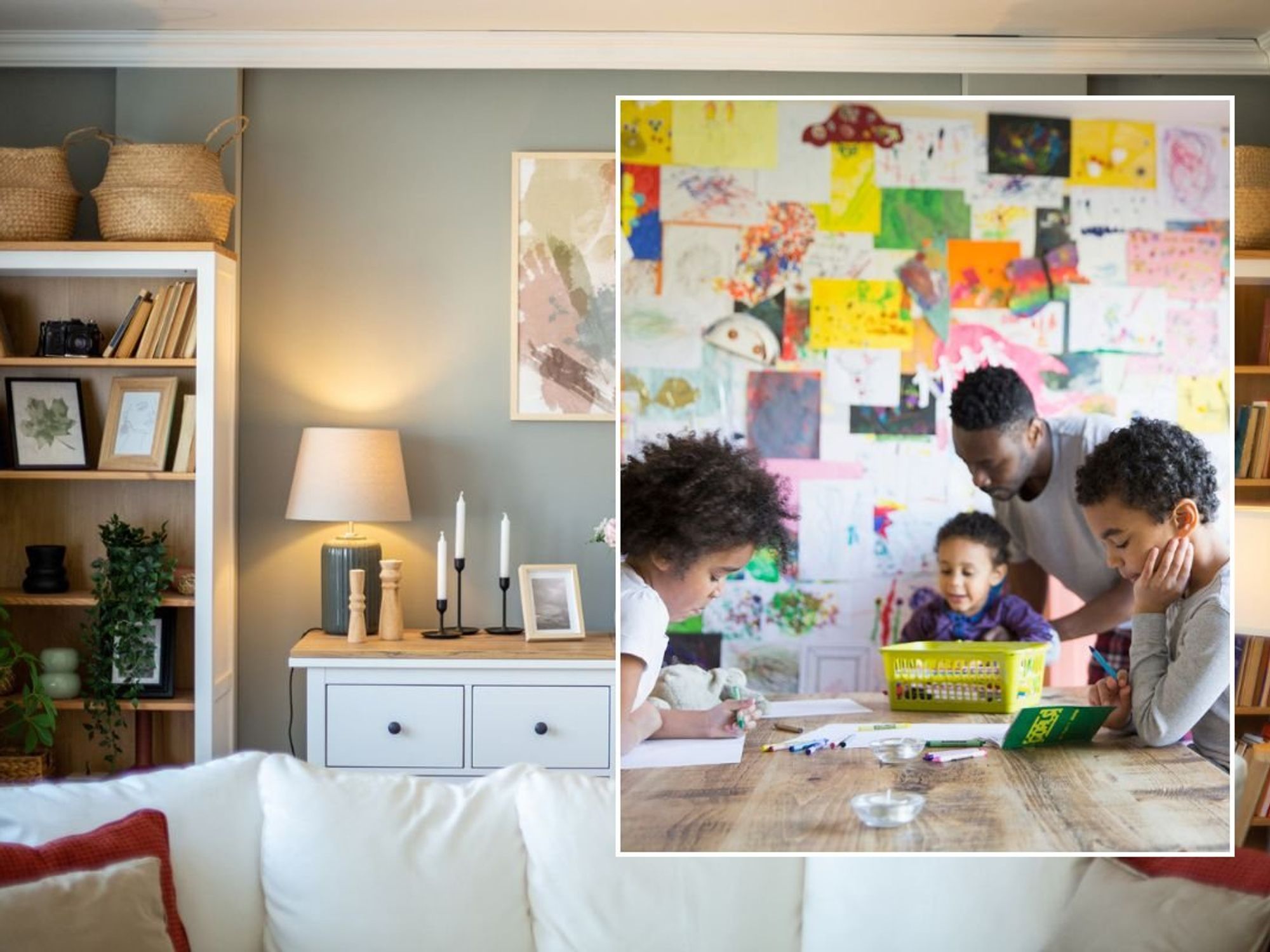 'Lived-in' living room / Dad with children doing artwork