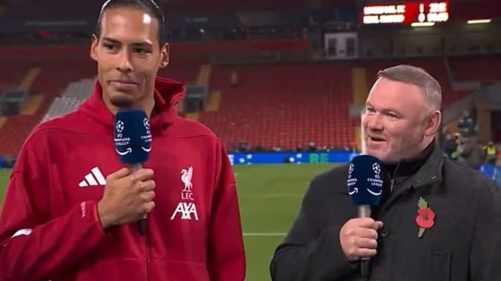 Liverpool captain Virgil van Dijk and Wayne Rooney found themselves sharing the same pitch again on Tuesday night in an awkward interview