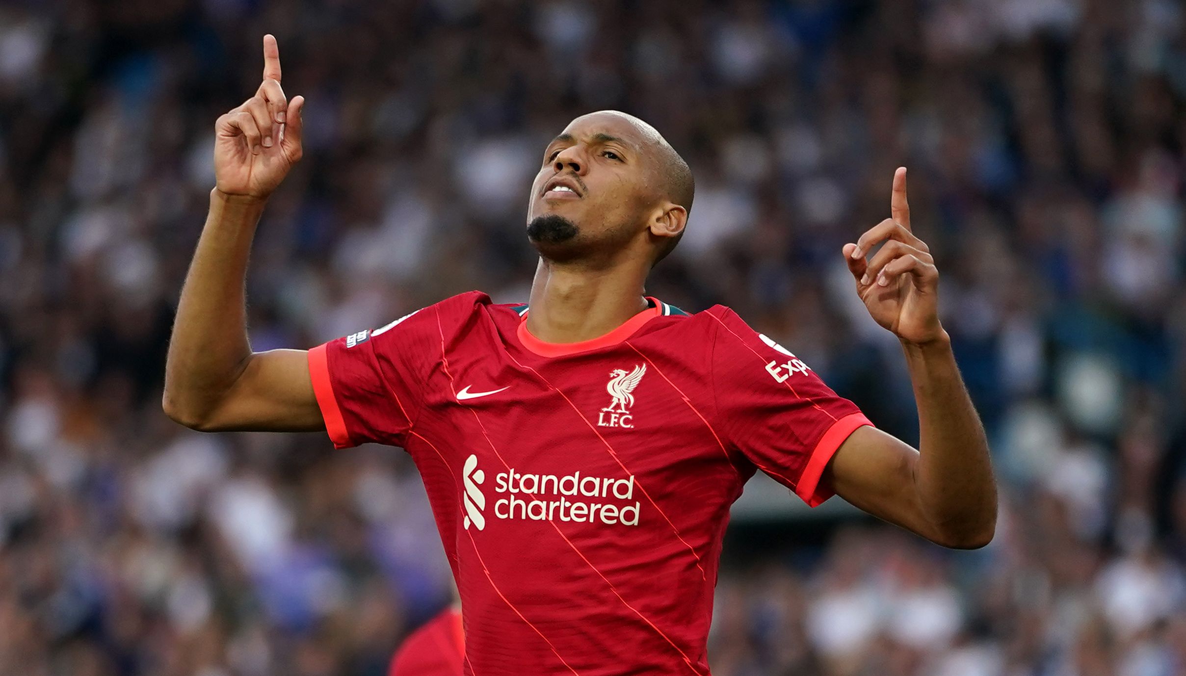 Liverpool's Fabinho celebrates scoring at Elland Road, Leeds.