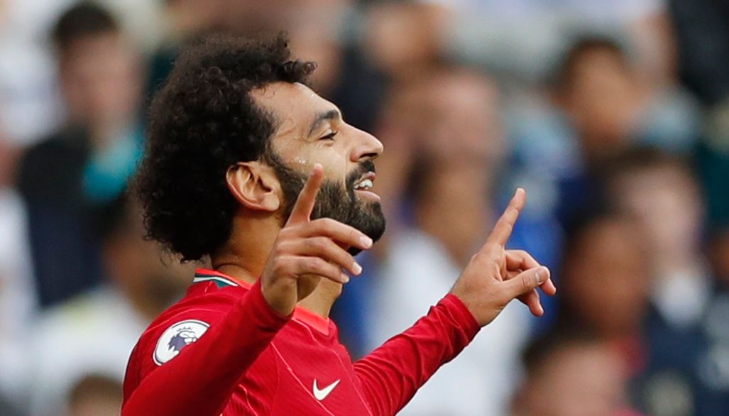 Liverpool's Mohamed Salah celebrates scoring their first goal against Leeds.