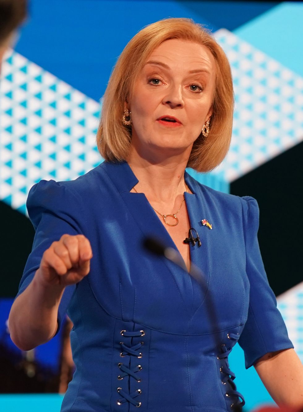 Liz Truss taking part in the BBC Tory leadership debate live. Our Next Prime Minister, presented by Sophie Raworth, a head-to-head debate with Rishi Sunak at Victoria Hall in Hanley, Stoke-on-Trent, between the Conservative party leadership candidates. Picture date: Monday July 25, 2022.