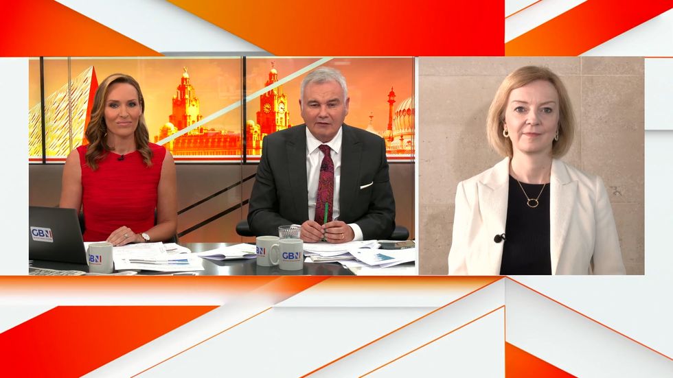 Liz Truss talking to GB News' Eamonn Holmes and Isabel Webster