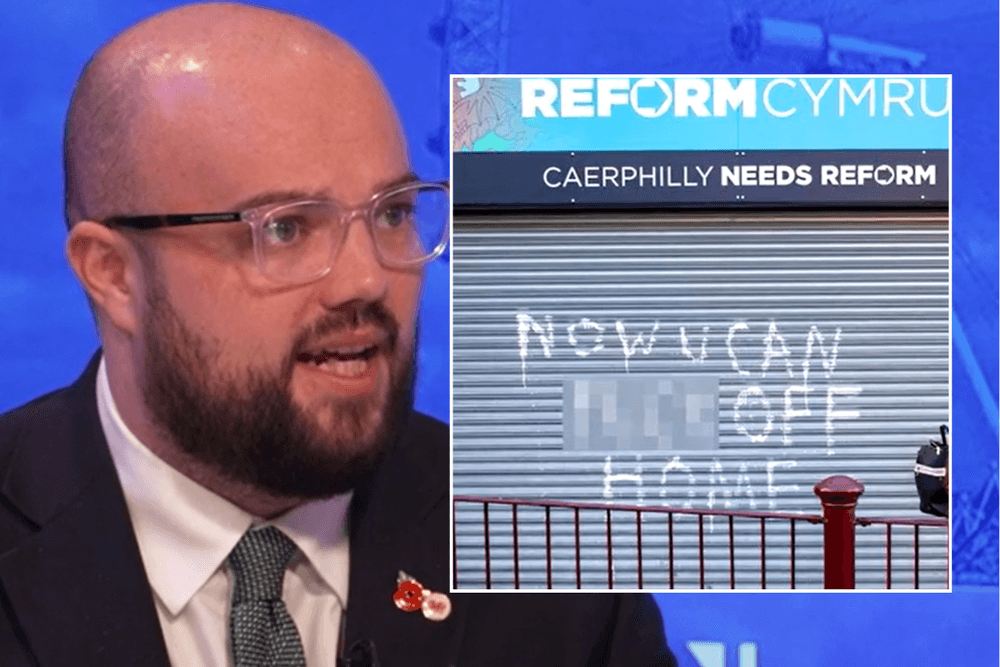 Llyr Powell speaks to Martin Daubney about abuse suffered during campaign; picture of Reform's campaign office with graffiti containing an expletive message