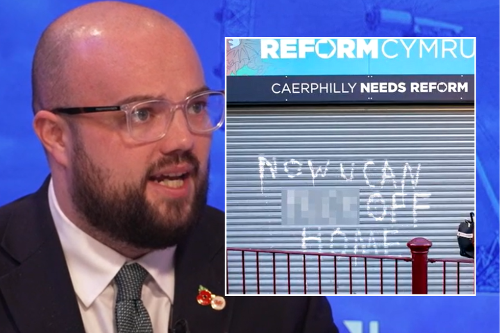 Llyr Powell speaks to Martin Daubney about abuse suffered during campaign; picture of Reform's campaign office with graffiti containing an expletive message