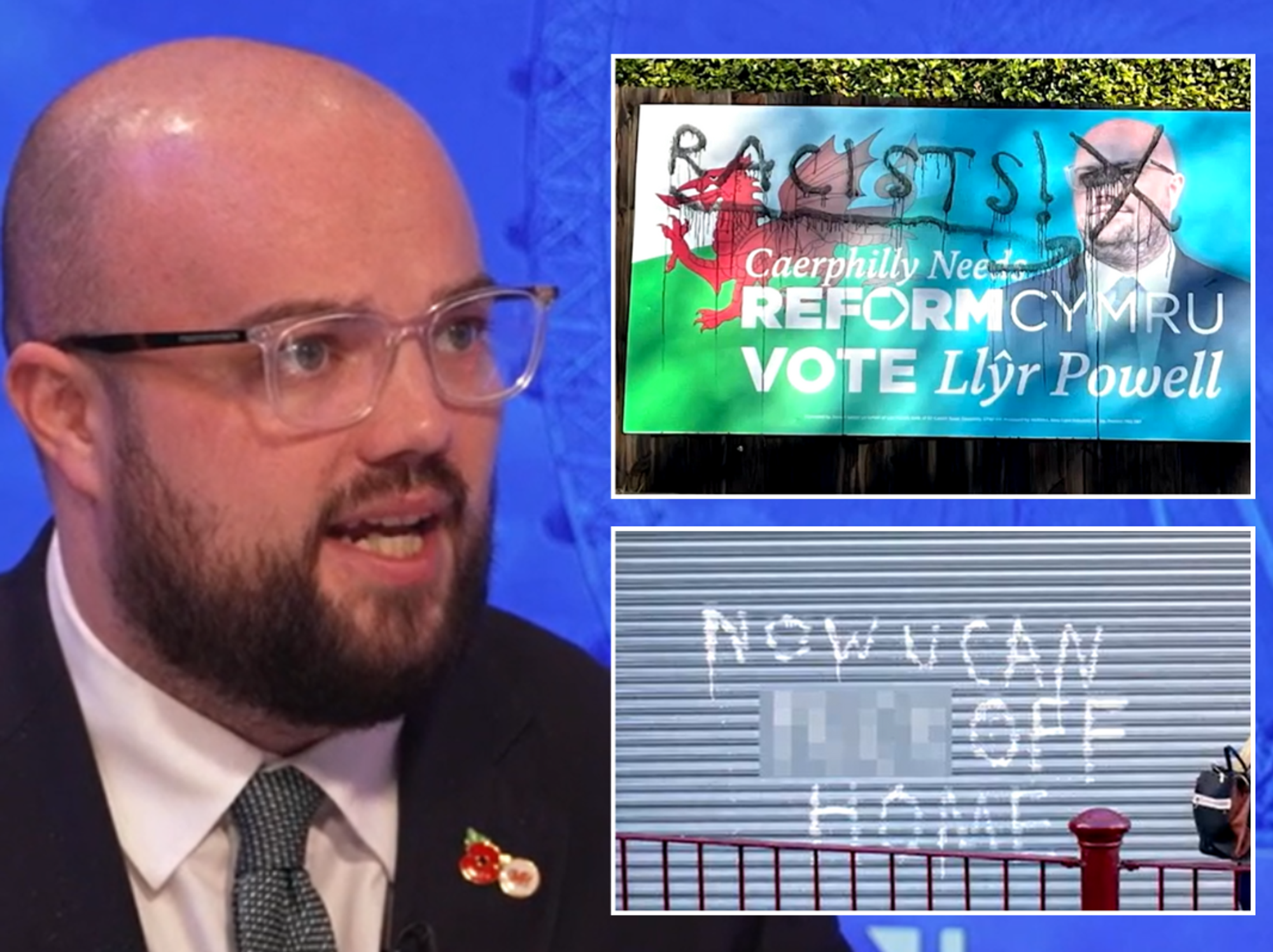 Llyr Powell speaks to Martin Daubney about abuse suffered during campaign; pictures of vandalised campaign literature and signage