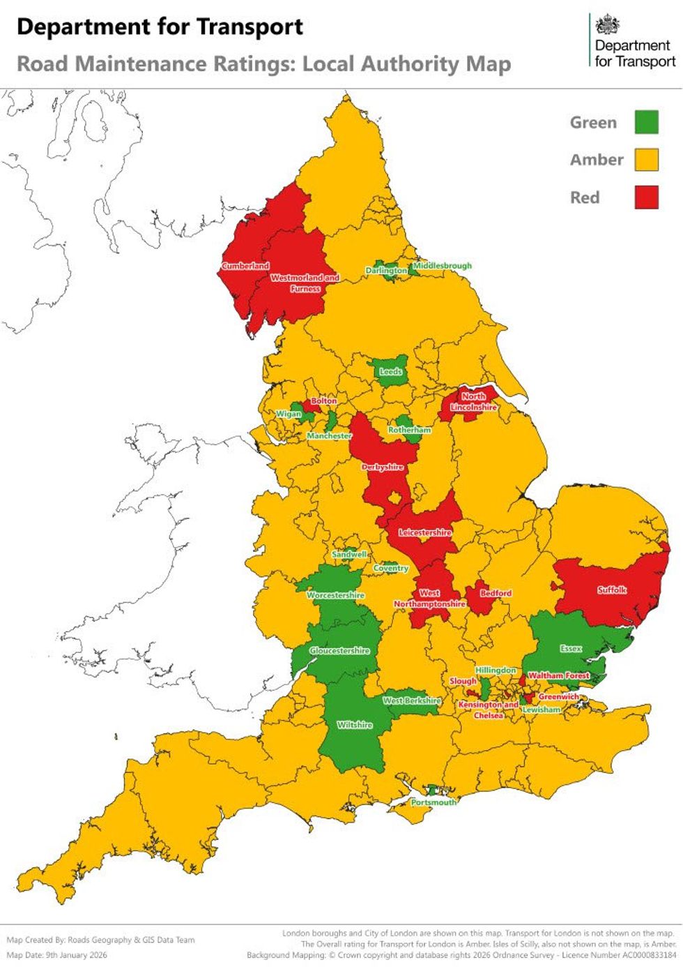 Local highway authorities ranked by overall rating for roads maintenance