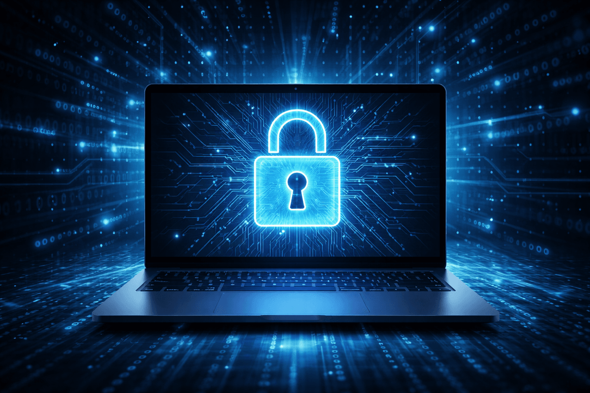 Lock displayed on laptop with digital background