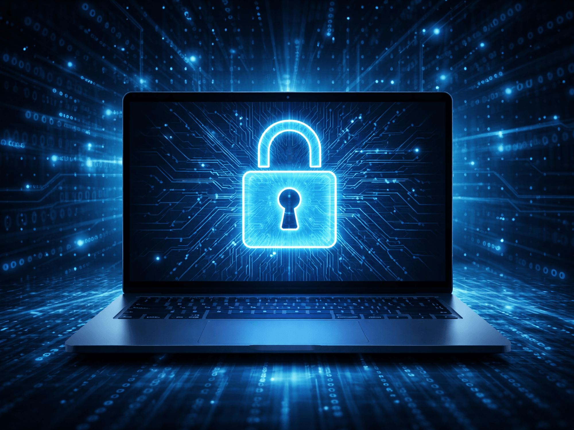 Lock displayed on laptop with digital background