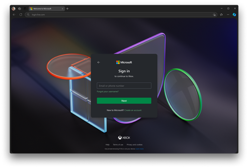 Login screen for Microsoft account online