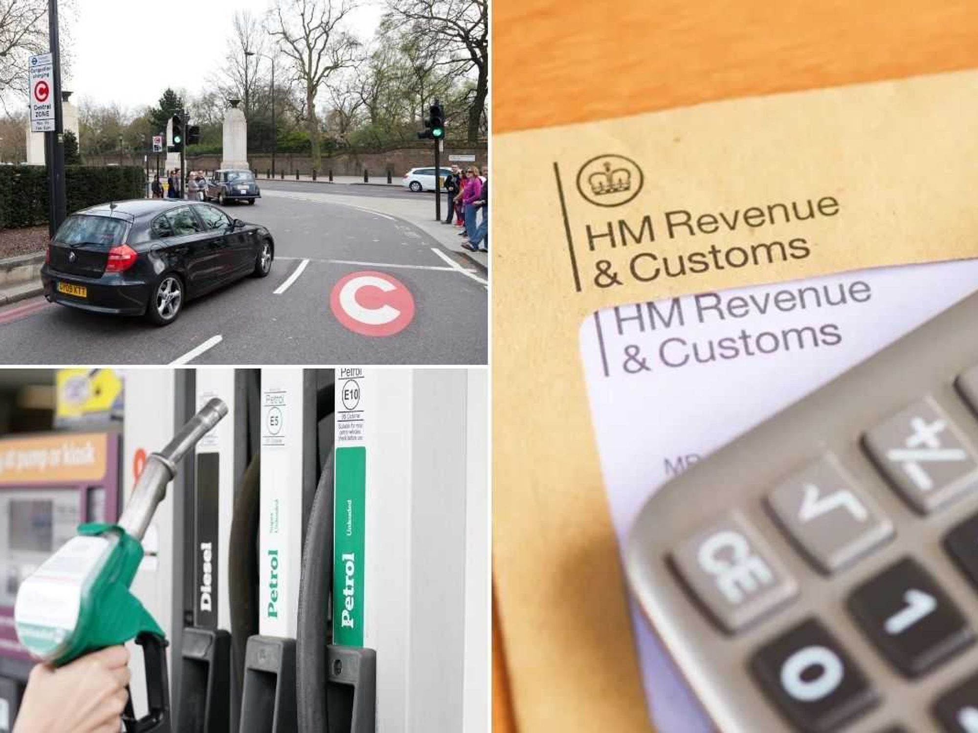 London Congestion Charge sign, a HMRC letter and a petrol pump
