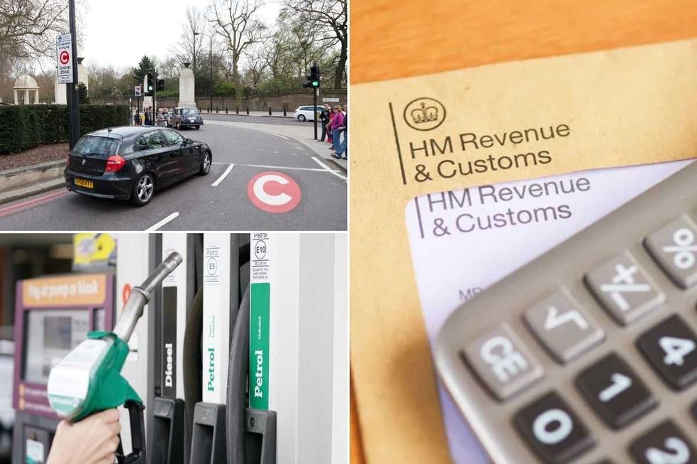 London Congestion Charge sign, a HMRC letter and a petrol pump