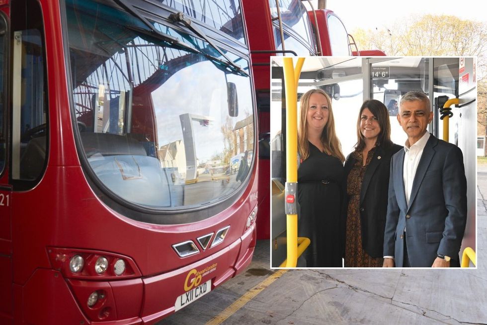London electric red bus and Lorna Murphy, TfL's Director of Buses, Claire Mann, TfL's Chief Operating Officer and Mayor Sir Sadiq Khan