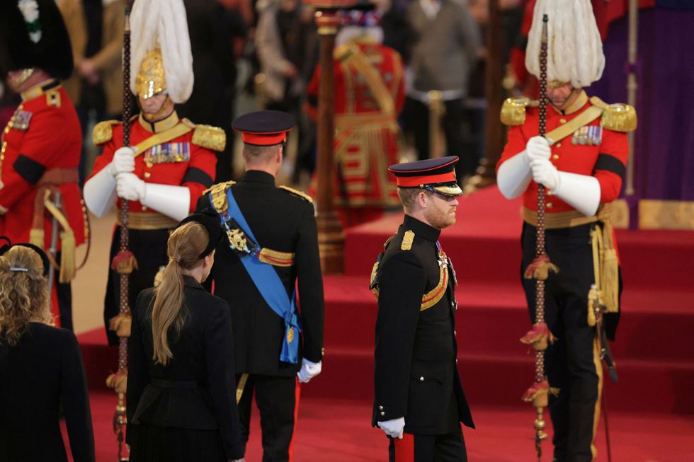 LONDON, ENGLAND - SEPTEMBER 17: Prince William, Prince of Wales, Lady Louise Windsor, Princess Beatrice of York and Prince Harry, Duke of Sussex are seen during a vigil in honour of Queen Elizabeth II at Westminster Hall on September 17, 2022 in London, England. Chris Jackson/Pool via REUTERS