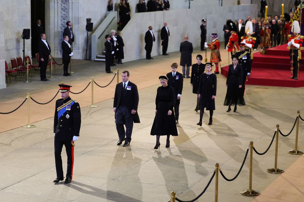 LONDON, ENGLAND - SEPTEMBER 17: Prince William, Prince of Wales, Peter Phillips, Zara Tindall, James, Viscount Severn, Lady Louise Windsor, Princess Eugenie of York, Princess Beatrice of York and Prince Harry, Duke of Sussex are seen during a vigil in honour of Queen Elizabeth II at Westminster Hall on September 17, 2022 in London, England. Chris Jackson/Pool via REUTERS