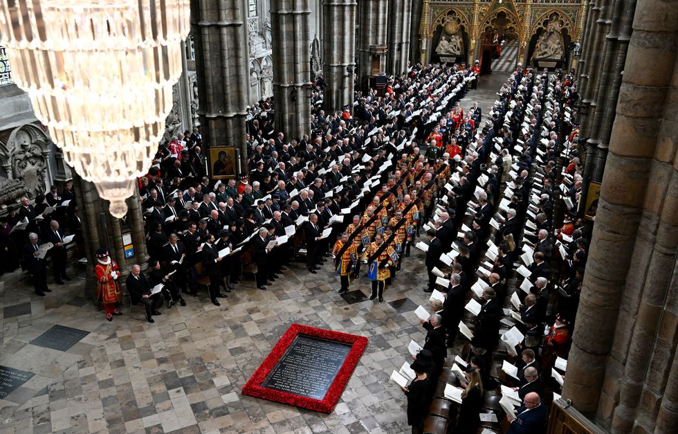 LONDON, ENGLAND - SEPTEMBER 19: A general view inside Westminster Abbey ahead of the State Funeral of Queen Elizabeth II on September 19, 2022 in London, England. Elizabeth Alexandra Mary Windsor was born in Bruton Street, Mayfair, London on 21 April 1926. She married Prince Philip in 1947 and ascended the throne of the United Kingdom and Commonwealth on 6 February 1952 after the death of her Father, King George VI. Queen Elizabeth II died at Balmoral Castle in Scotland on September 8, 2022, and is succeeded by her eldest son, King Charles III.      Gareth Cattermole/Pool via REUTERS