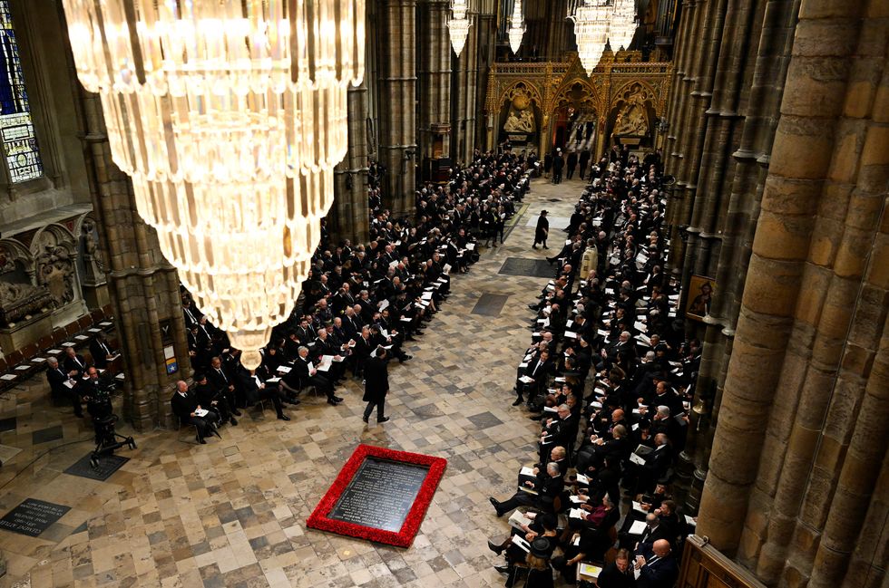LONDON, ENGLAND - SEPTEMBER 19: A general view inside Westminster Abbey ahead of The State Funeral Of Queen Elizabeth II on September 19, 2022 in London, England. Elizabeth Alexandra Mary Windsor was born in Bruton Street, Mayfair, London on 21 April 1926. She married Prince Philip in 1947 and ascended the throne of the United Kingdom and Commonwealth on 6 February 1952 after the death of her Father, King George VI. Queen Elizabeth II died at Balmoral Castle in Scotland on September 8, 2022, and is succeeded by her eldest son, King Charles III. Gareth Cattermole/Pool via REUTERS