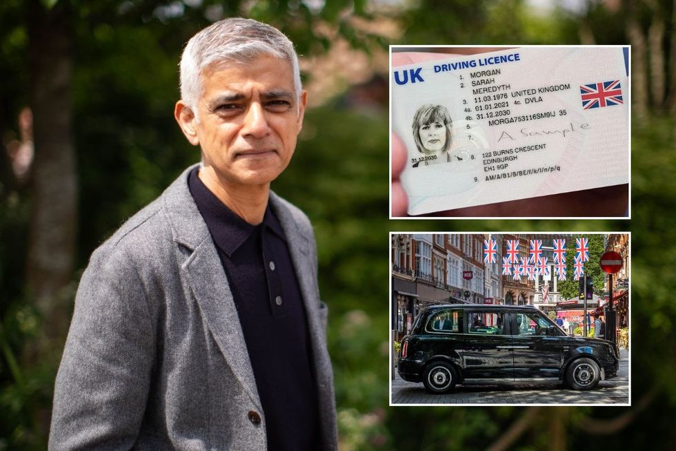 London Mayor Sadiq Khan, a UK driving licence and a taxi parked in front of Union Jack flags