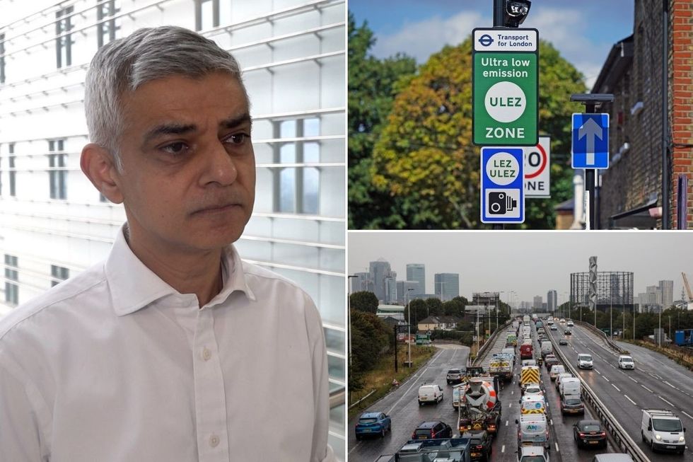 London Mayor Sadiq Khan, a Ulez sign and a busy London road