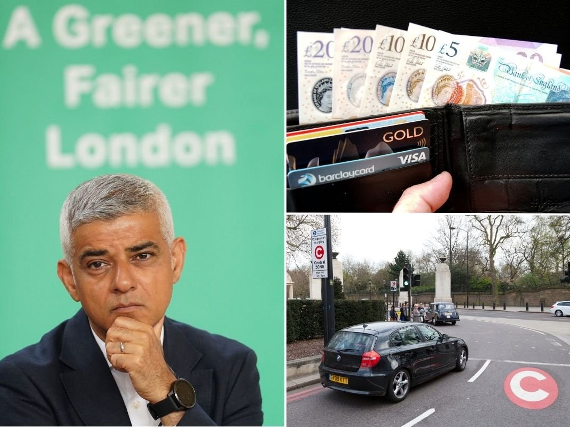 London Mayor Sadiq Khan, a wallet of cash and a Congestion Charge road