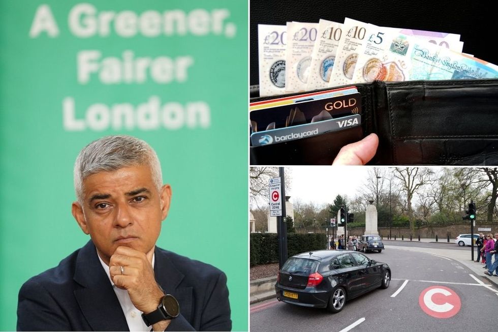 London Mayor Sadiq Khan, a wallet of cash and a Congestion Charge road