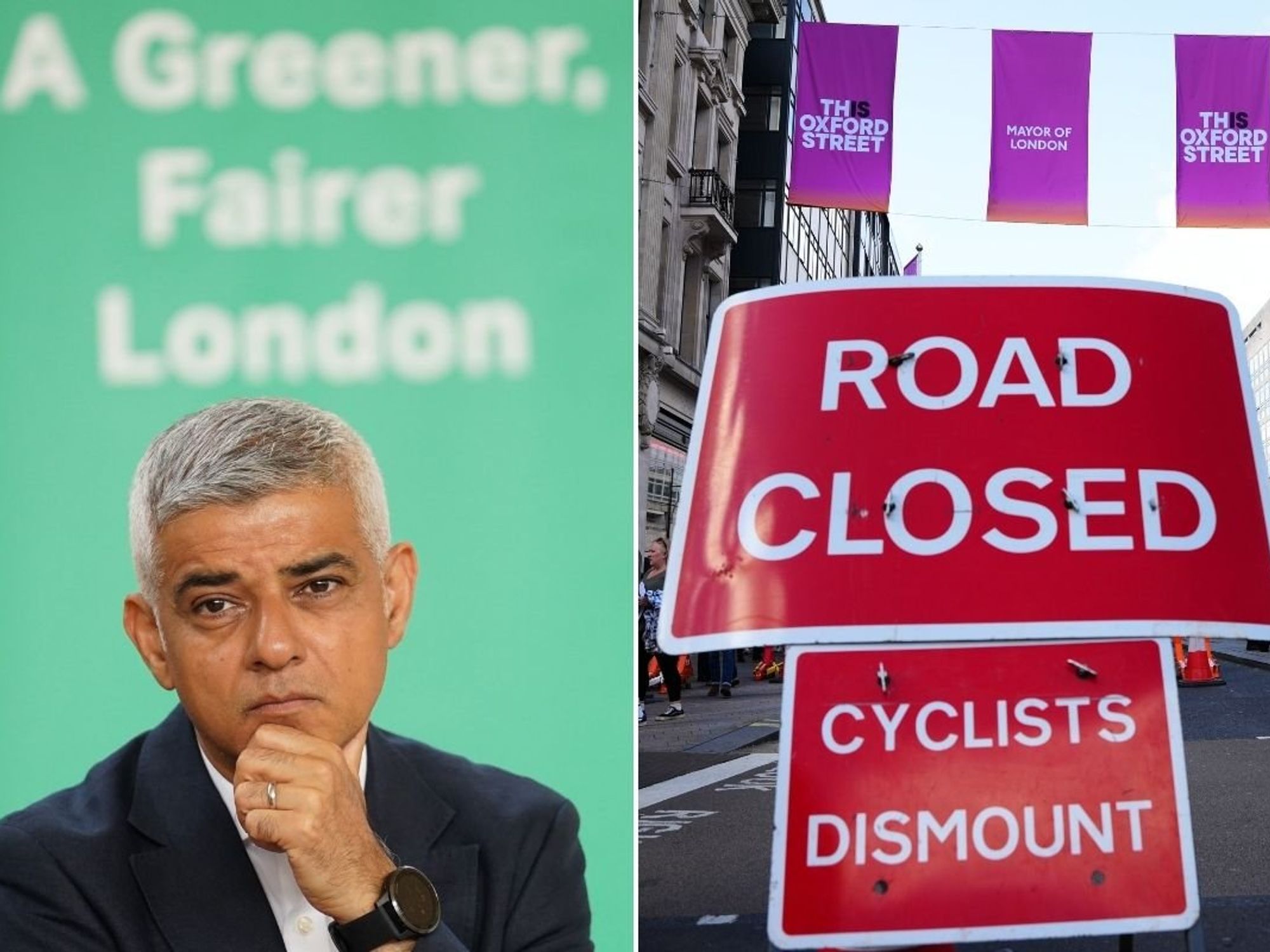 London Mayor Sadiq Khan and a 'road closed' sign on Oxford Street