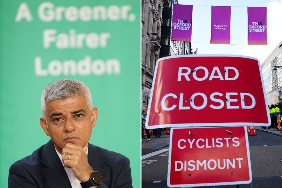 London Mayor Sadiq Khan and a 'road closed' sign on Oxford Street