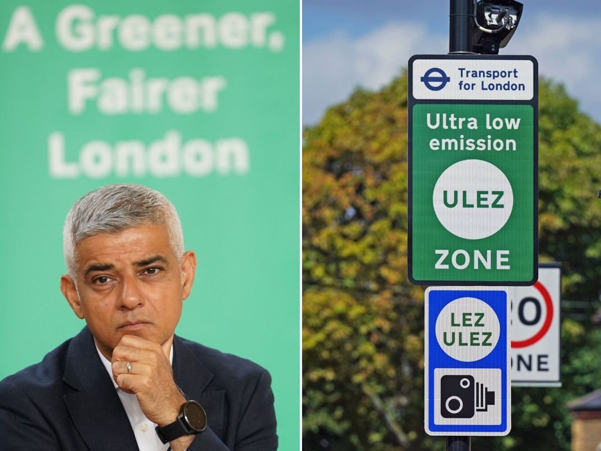 London Mayor Sadiq Khan and a Ulez sign