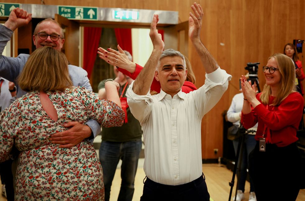 London Mayor Sadiq Khan reacts to the counting process during local elections, at Wandsworth Town Hall, London