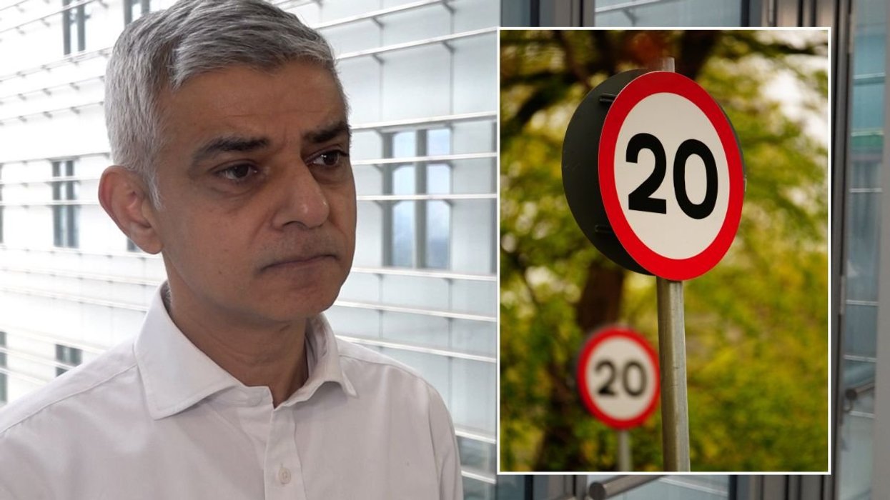 London Mayor Sir Sadiq Khan and a 20mph speed limit sign