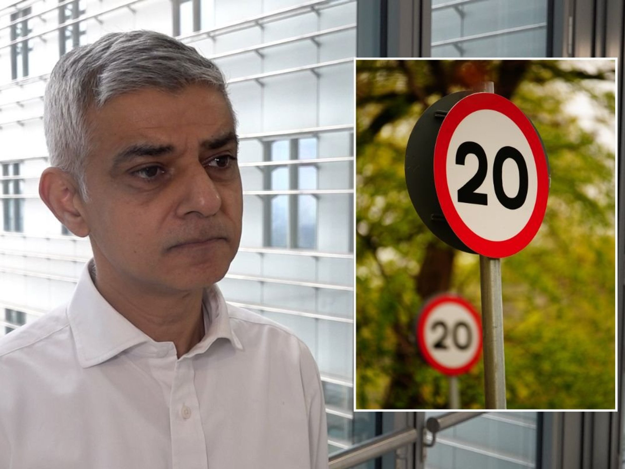 London Mayor Sir Sadiq Khan and a 20mph speed limit sign