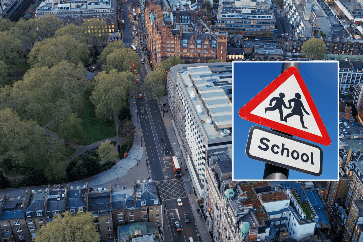 London roads and school street sign