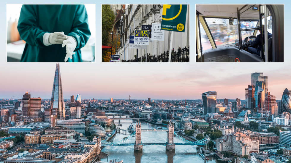 London sky line/Someone wearing scrubs/Letting signs/Bus driver