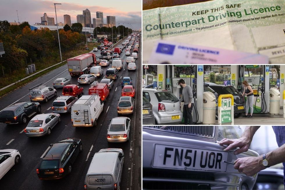 London traffic, a driving licence, petrol station and a number plate