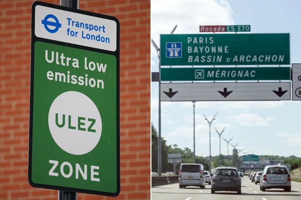 London Ulez sign and cars driving in Paris, France